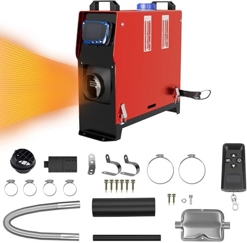 Aufun 8KW Calentador de Aire Diésel, 12 V Calefacción Estacionaria Diésel con Control Remoto, Interruptor LCD para automóvil RV Barco Camión Autocaravana Autobús (Rojo con Control Remoto LCD)