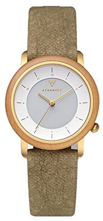 Kerbholz Holzuhr – Masterpieces Collection Merle Solar Vegan analoge Damenuhr, Solahruhrwerk, Gehäuse aus Olivenholz, Uhrenarmband aus reißfestem Papiermaterial, Ø 34 mm