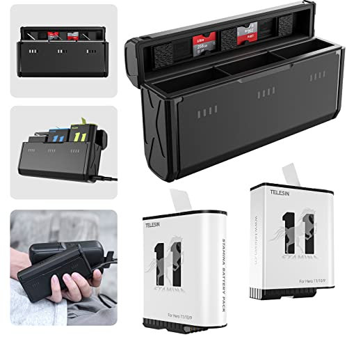 TELESIN Enduro Battery and Pocket Charger Kit Super Long Lasting for GoPro Hero 11/10/9 Black, Fast Charging, Cold Weather Performance, 3 Slots, 2 TF Card Storage, Power Query (Charger + 2 Batteries)