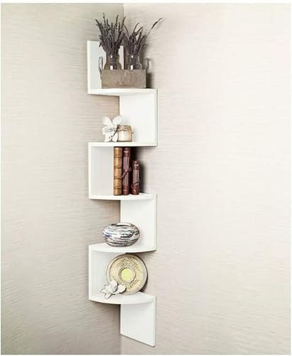 Homme Concept – White 5 Tier Corner Shelf, Wall Mount Floating Shelves, Wall Shelves, Zig Zag Display Storage Organiser Shelving Unit, Bookcase Bookshelf for Living Room Bedroom Bathroom Home Office