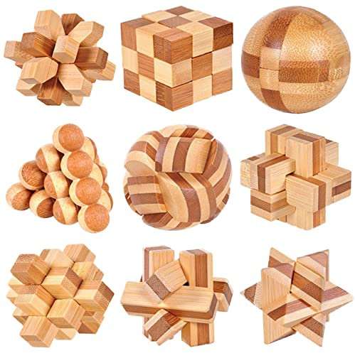 WishesMar 9 Pcs Wooden Brain Teaser Puzzles Set Logic Mind Educational Toy - Assembly Disentanglement Puzzles Interlocking Lock Games Gift for Kids and Adults - Set #1