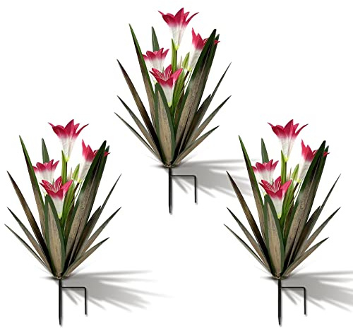 Homight Metall-Agaven-Pflanze, Outdoor-Dekoration, Lilie, mexikanische Hofkunst, Garten, Geschenk, Heimdekoration, handbemalte Metall-Agave, Gartenstatue, Rasen-Ornamente (3 große rote Lilien)