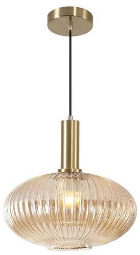 KCO Lighting Modern Gold Globe Pendelleuchte 1-Light Mid Century Antique Brass Dining Pendelleuchte Amber Glass Farmhouse Pendelleuchte Adjustable Large Vintage Hanging Ceiling Pendelleuchte