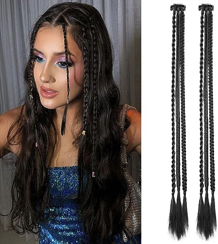 2 PCS Clip in Flechthaarverlängerungen, Flechtverlängerungen mit Haarclip 22 Zoll natürliches schwarzes synthetisches langes geflochtenes Haar Stück
