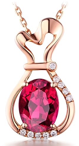 AMDXD Halskette, Turmalin Kette Damen Anhänger 18K 750 Gold Glückstasche Ovalschliff Rot, Diamant Frauen Halskette Geschenk Echt Gold mit Zertifikate 45+5cm