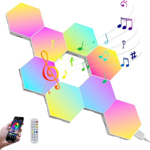 Hexagon LED Licht, 8 Set LED Sechseck Gaming Wandleuchte Hexagon RGB Panel, Smart LED Panel Lights Sechseck Waben Wall Sprachgesteuertes Light Musik Sync Deko Hexa Wandbeleuchtung