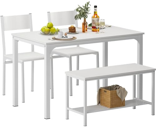 SDHYL Esstisch Set für 4 - Küchentisch mit Zwei Stühlen und Einer Sitzbank für Wohnzimmer, Esszimmer (Weiß)