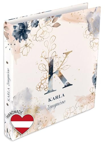 FEENSTAUB Personalisierte Zeugnismappe, Dokumentenmappe für Zeugnisse, Mappe mit Namen und Wunschtext, Zeugnisringbuch A4, Geschenk zur Einschulung, Mappe mit Monogramm