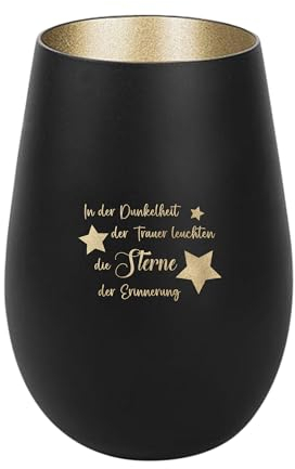 Der-Porzellan-Laden Windlicht mit Gravur In der Dunkelheit der Trauer leuchten, Schwarz Gold, Teelichthalter aus Glas mit Spruch, Tischdeko modern