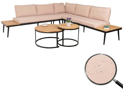 Mendler Garten-Garnitur HWC-H54c, Lounge-Set, Beistelltisch Spun Poly Akazie Holz Stahl - Hellbraun, Kissen beige