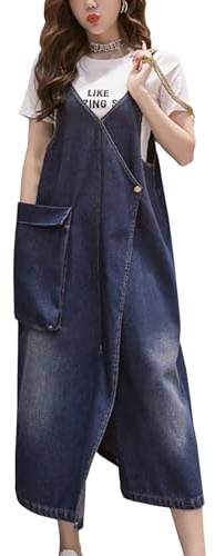 Yishengwan Salopette Gonna Donna Jeans Lunga Vestito Salopette Overall Taglie Forti Denim Vestiti con Tasca Blu Scuro 5XL