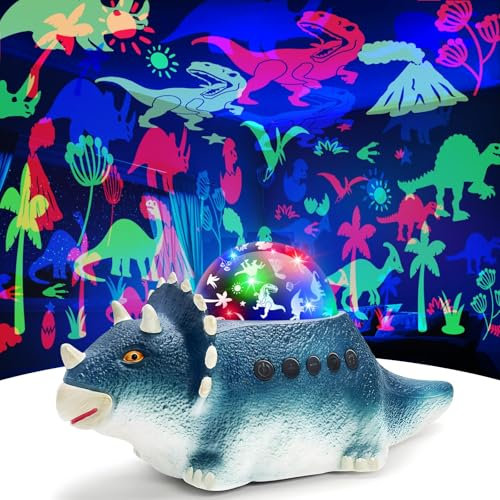 Dinosauro Giocattolo, Lampada Proiettore Bambini con 8 Colori, Musica, Funzione di Gattonamento, Rotazione a 360°, Regali Neonato, Compleanno, Natale, Decorazioni Camera (Blu)