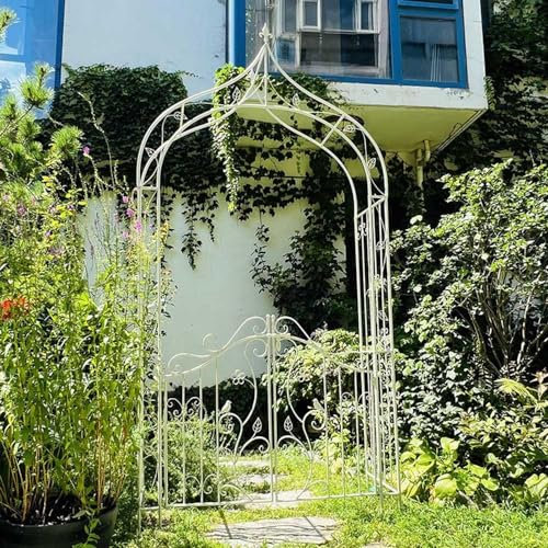 WDSOPK Retro-Gartenbogen, Spalier, Rosenbogen mit Tür, Metall-Gartenbogen, Spalier für Kletterpflanzen, Pergola-/Hochzeits-/Terrassendekoration (weiß)