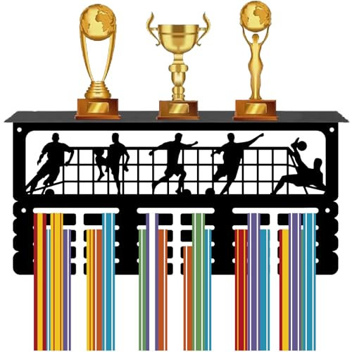 CREATCABIN Appendiabiti Medagli da Calcio Scaffal Trofei Porta Medagli da Calcio Supporto Ripiano Sport 4 Supporto da Paret Sospeso in Metallo Contien 70+ medagli La Corsa Porta Medagli da 40x20x10cm