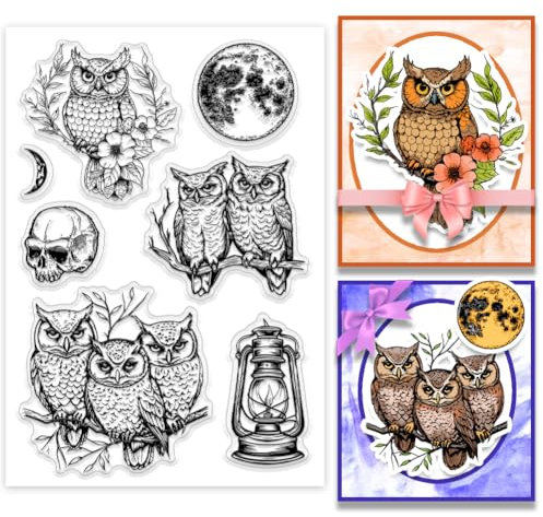 PH PandaHall Eule Mond Clear Stamps Skelett Öllampe Silikon Stempel Eule Blume Dekorative Transparente Gummistempel Siegel für Halloween Kartengestaltung 16x11cm