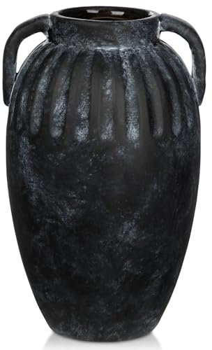 Ceramic Rustic Farmhouse Vase, 9 inch Pottery Black Flower Vase with 2 Handles for Centerpieces Pampas Grass Boho Modern Rustic Farmhouse Decor for Living Room Kitchen Countertop Dinner Table Shelves