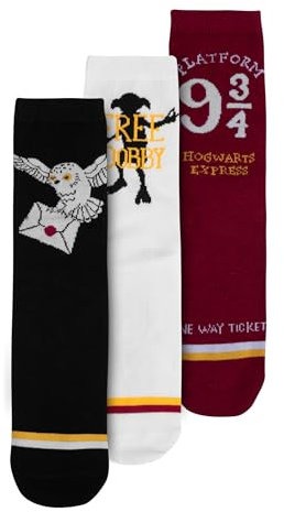 United Labels 3 Paar Harry Potter Socken für Damen, Schwarz Weiß Rot, 39-42, Damensocken, Strümpfe Hedwig Dobby Gleis 9 3/4