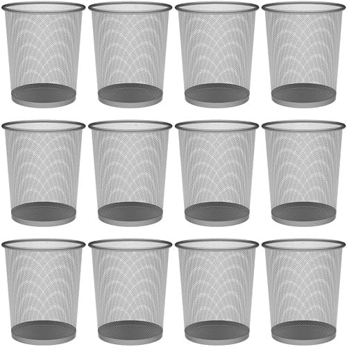 Detectalia Papelera Malla Metalica 13 Litros, Set de 12, Plata. Papelera Oficina, Papelera Reciclaje, Cubo de Basura, Papelera Escritorio, Cubo de Basura Cocina, Papelera Baño, Tamaño Ø26,5 x 28 cm