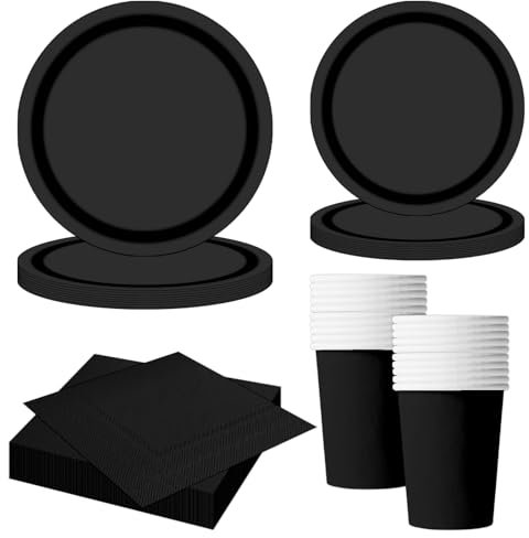 MORAINJAY Set di 68 Pezzi di Stoviglie Nero per Feste, Piatti di Carta, Bicchieri, Tovaglioli, Stoviglie per Compleanni, Matrimoni, Baby Shower, Lauree, Anniversari, Set per 16 Ospiti