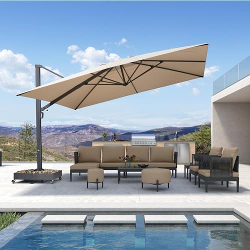 PURPLE LEAF 4 X 4 M Garden Cantilever Parasol, Large Square Garden Parasol with Crank Handle and Tilt for Balcony and Outdoor, Beige