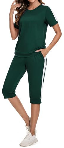 Aottori Jogginganzug Damen Set Rundhals Kurze Ärmel Trainingsanzug Zweiteiler Elegant Hausanzug Freizeitanzug Sportanzug 2 Teiler Sommer Outfits Dunkelgrün M