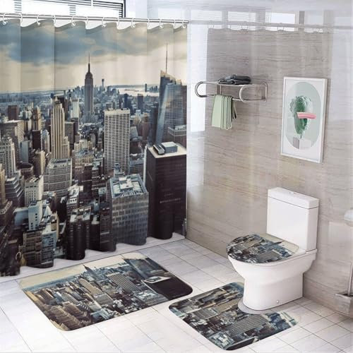 BWQMNT New York Fashion City Ensemble de rideau de douche 4 pièces imperméable et antidérapant avec tapis en polaire corail confortable