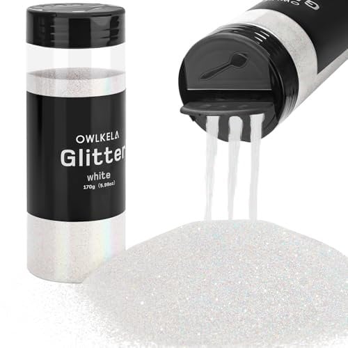 OWLKELA Polvere glitterata bianca fine da 170 g, per sesin, arte e artigianato, unghie, capelli, viso, corpo, melma, polvere cosmetica per festival, pittura, candela/sapone, ceretta