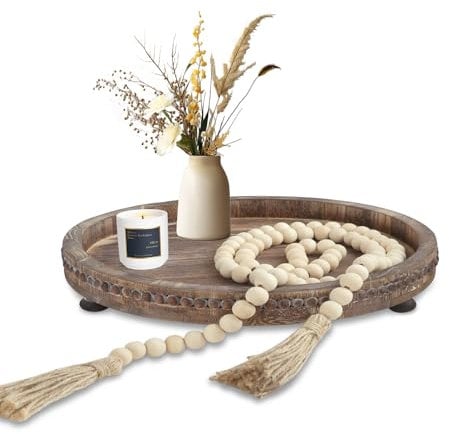 RETON Bandeja redonda de madera con cuentas de madera para decoración del hogar, bandeja decorativa redonda, bandeja de servir decorativa, bandejas para cocina, salón, mesa de comedor (marrón)