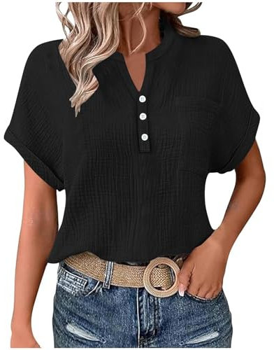 Leinenbluse Damen Sommer Oversized Tshirt Musselin Bluse Basic Rundhals Pullover Große Größen Elegant Einfarbig Tunika Tops Locker V-Ausschnitt Longbluse Button Down Leinenhemd mit Taschen S-2XL