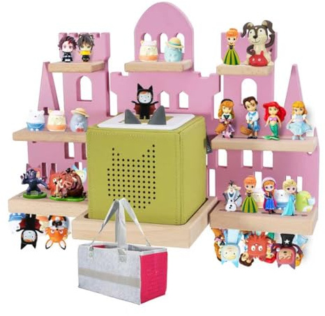 Givilio Tonie Shelf for Toniebox, Castle Tonie Shelf,Tonie Figures Tonie Storage,Magnetic Wooden Floating Shelves Compatible with Tonie Box Player Character for Kids Room (Pink)