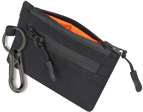 Trowik Zip Pouch Mens Wallets Cash and Card Zip Wallet Weatherproof Fabrics, YKK Zipper, EDC Pouch for Men with Carabiner for Outdoor Travel (Black)