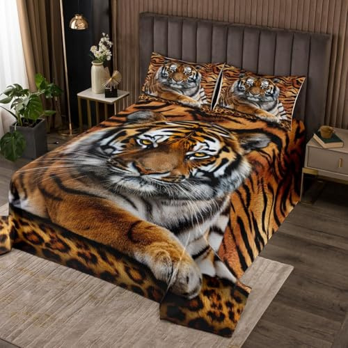 feelingyou Tiger 3D Drucken Bettdecke mit 2 Kissenschalen Naturlicher moderner Stil Coverlet M Größe Wilde Tiere Leopard Muster Bettwäsche Quilted