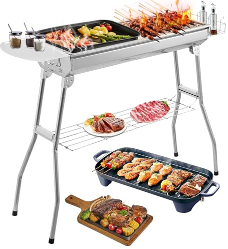 Teodute Barbacoa de carbón vegetal, con bandeja para especias, cestas laterales y compartimento inferior, portátil, de acero inoxidable, para cocinar al aire libre, camping, senderismo, pícnics (73 x
