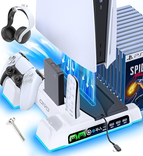 OIVO Supporto per PS5/Slim/Pro con Ventola di Raffreddamento, Ricarica Controller PS5, PS5 Supporto Verticale con Indicatori LED e Conservazione per 14 Giochi per Playstation 5 (Bianco & Nero)