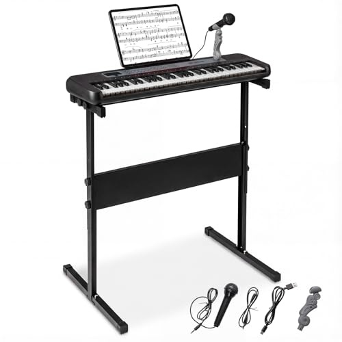 COSTWAY Clavier Piano Enfant 61 Touches avec Microphone et Pupitre, Piano Numérique avec Support Réglable et Amovible, 2 Haut-parleurs, Mode d'apprentissage, Instrument de Musique pour 3 Ans+ (Noir)