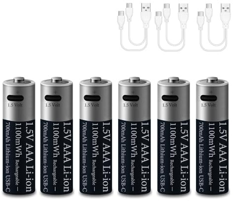 6 Pack 1.5V AAA 1100mWh Lithium Piles Rechargeables, 1.5Volt AAA 700mAh Li-ION Pile pour Télécommande/Manette/Jouet/Radio, 2 en 1 USB Type-C Câble, 1200 Cycles Chargement, 2 Heures Rapide