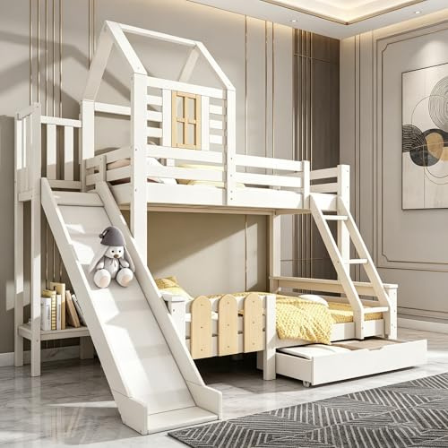 Sairedel Twin Size Tree-House Bunk Bed with Slide & Ladder – Wooden Cabin Bed, Solid Wood Frame, White Finish for Guest Room, Vacation Home (No Mattress)