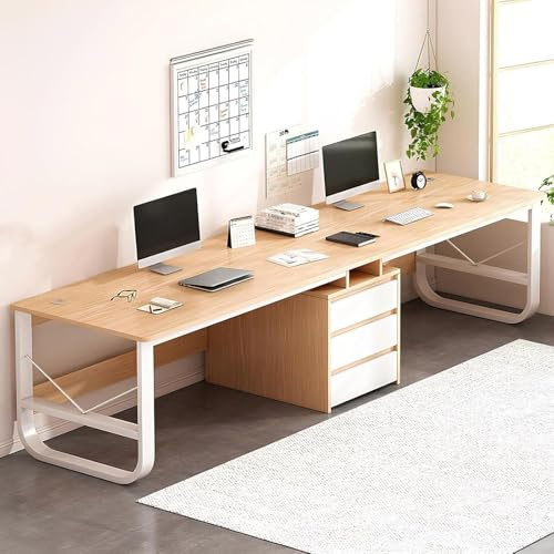 Scrivania computer, postazione lavoro doppia con cassetti, scrivania legno, scrivania ufficio doppia moderna, scrivania per computer extra lunga ufficio domestico Natural,200 * 50 * 73cm