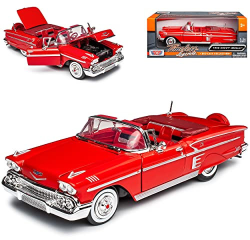 Motormax Chevrolet Chevy Impala Cabrio Rot Offen 1958 Oldtimer 1/24 Modell Auto mit individiuellem Wunschkennzeichen