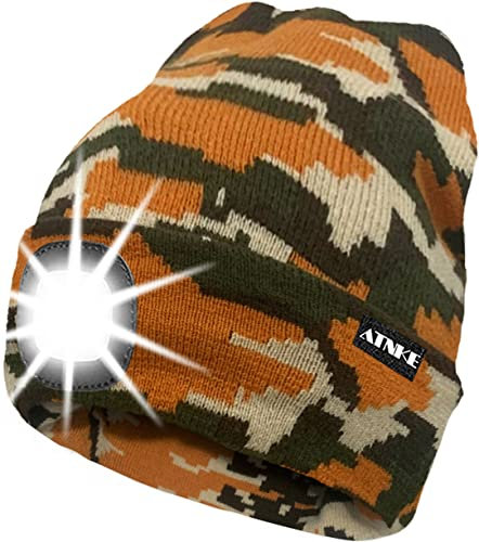 ATNKE LED Beleuchtete Mütze,Wiederaufladbare USB Laufmütze mit Licht Extrem Heller 4 LED Lampe Winter Warme Stirnlampe für Herren und Damen Geschenke/Camouflage Yellow