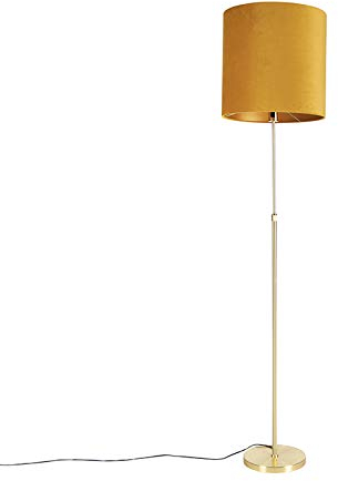 QAZQA - Landhaus I Vintage I Rustikal Stehleuchte I Stehlampe I Standleuchte I Lampe I Leuchte Gold I Messing I messing mit veloursschirm gelb 40I40 cm - Parte I Wohnzimmer I Schlafzimmer - Stahl Zyli