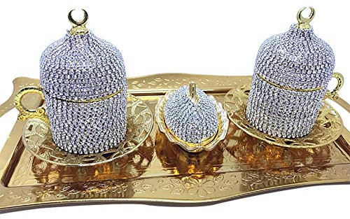 HamamTamam Two Pieces Set of Swarovski Coffee Cup - Crystal Coated Coffee Cup - Ottoman Turkish Greek Arabic Coffee Espresso Cups - Golden Color Serving Cups and Saucer Set