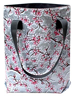 IKURI Einkaufstasche - Wasserdicht Shopper für Frauen Beutel Einkaufsbeutel Badetasche Tote Bag aus Wachstuch - Design Hanami Silber