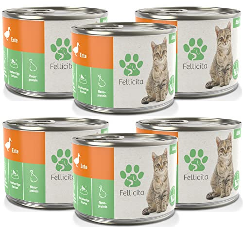 Fellicita Premium Nassfutter für Katzen, Ente pur, 6er Pack, 6 x 200g, Monoprotein, hochwertiges Katzennassfutter, getreidefrei, leckere Pastete, Alleinfuttermittel