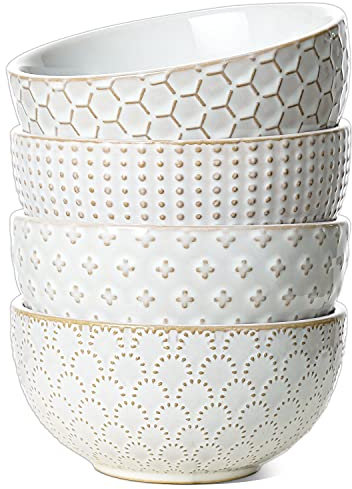 LE TAUCI Lot de 4 bols à céréales de 737,1 g en céramique pour cuisine, bol à soupe en relief pour pho, chips, fruits, salade, nouilles, ramen, convient pour pendaison de crémaillère – 15,2 cm, blanc