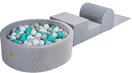MEOWBABY Spielplatz aus Schaumstoff mit Bällebad 240x45cm - Schaumspielset mit 200 Bälle für Kinder, Velvet, Hellgrau: Weiß/Grau/Türkis