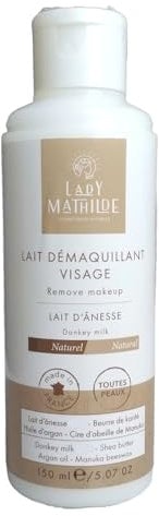 Lady Mathilde - Lait Démaquillant Nettoyant Visage - Lait d'ânesse - 100% naturel - Senteur naturelle - Convient pour tous types de peaux - Made in France - Flacon 150 ml