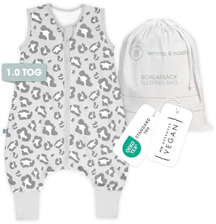 emma & noah Baby Schlafsack mit Füßen 1.0 TOG, Ganzjahres Schlafsack mit Beinen für den Frühling, Sommer und Herbst, 100% Bio-Baumwolle, Oeko-TEX Zertifiziert (Leo Grau, 90 cm)