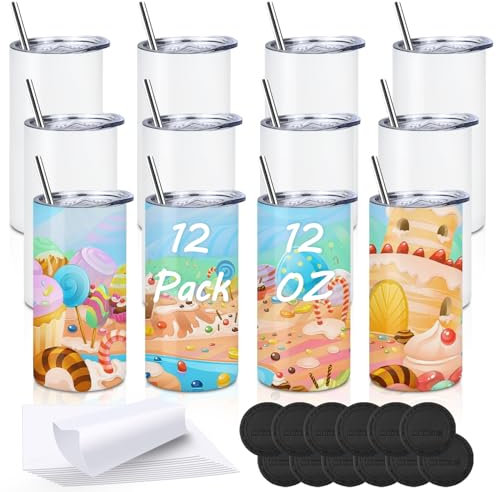 Amgkonp Sublimationsgläser für Kinder, gerade, schmal, doppelwandig, Edelstahl, mit Deckel, Metall-Trinkhalme, Schrumpffolie, Gummiboden, einzeln verpackt, 12 Stück