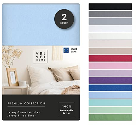 VelvetHome Doppelpack Spannbettlaken 90x200cm 100% gekämmte Baumwolle Made in EU Jersey Bettlaken 90x200 bis 25 cm Matratzenhöhe Spannbetttuch 90x200 Premium Qualität Schönen Farben Hell-blau